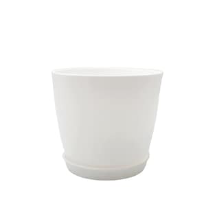 May include: A white ceramic plant pot with a matching saucer. The pot has a slightly tapered shape, wider at the top and narrower at the base. The saucer is a simple, round design, providing a clean and modern look for indoor plants.