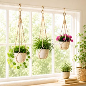May include: Three off-white macrame plant hangers suspended from gold-toned hooks, each holding a ceramic pot. The left pot contains a trailing green plant, the center holds a spiky green plant, and the right holds a plant with pink flowers.