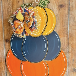 Fall Door Hanger | Pumpkin Stack Door Hanger | Orange Navy Mustard Door Hanger | Door Hanger
