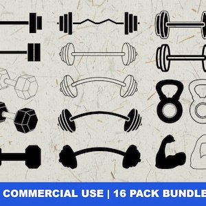 Paquete SVG de mancuerna, Peso Svg, Barra Svg, Kettlebell Svg, Músculo Svg, Gimnasio Clip Art, Cortar archivo para Cricut, Silueta, PNG, DXF