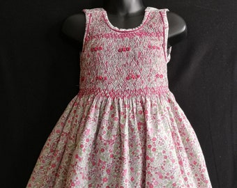 Robe smocks sans manches en coton fleurs roses 1 an à 12 ans