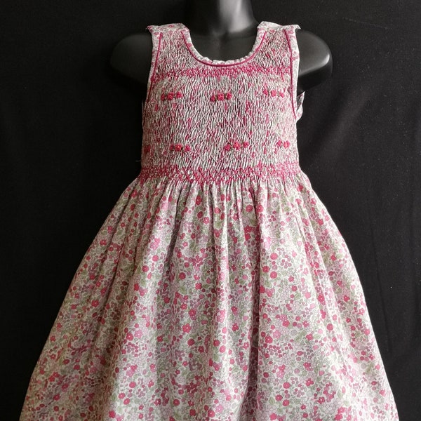 Robe smocks sans manches en coton fleurs roses 1 an à 12 ans