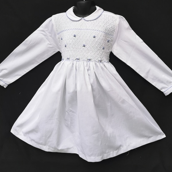 Robe smocks manches longues en coton piqué blanc 6 mois à 8 ans