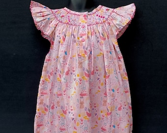 Chemise de nuit smocks en coton rose imprimé 3 ans à 12 ans