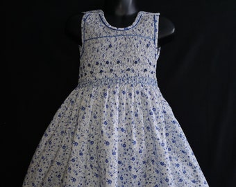 Sleeveless Smocked Dress in White Blue Cotton, 1 Year to 12 Years