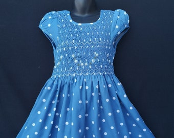 Robe smocks mini manches en coton bleu à pois 1 an à 12 ans