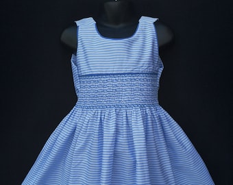 Robe smocks sans manches en coton rayure bleu ciel 1 an à 12 ans