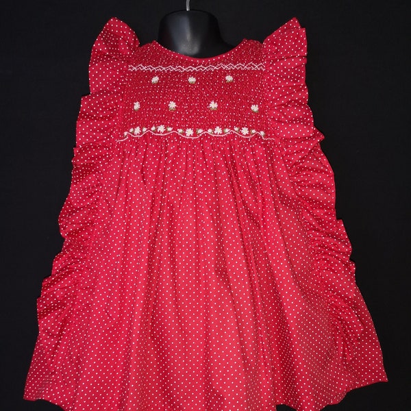 Robe smocks manches volantes en coton rouge à pois 6 mois à 36 mois