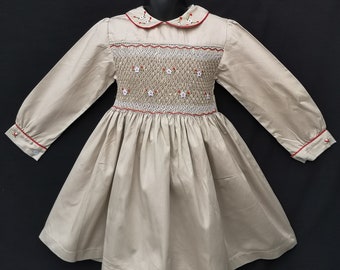 Beige stitched cotton long smock dress 1 year to 12 years