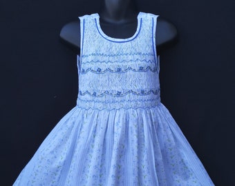 Smocked Dress in White Cotton with Sky Blue Floral Pattern, 1 Year to 12 Years