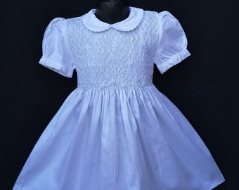 Smocked dress with balloon sleeves in white pique cotton, 6 months to 12 years