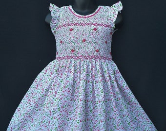 Robe smocks manches volantes en coton floral rose vert 1 an à 12 ans