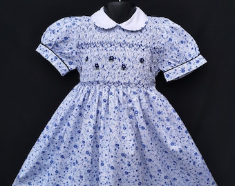 Balloon sleeve smocked dress in white cotton with blue flowers, 1 year to 12 years