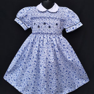 Balloon sleeve smocked dress in white cotton with blue flowers, 1 year to 12 years image 1