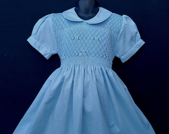 Robe smocks manches ballons  en coton piqué bleu ciel 1 an à 12 ans