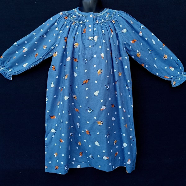 Chemise de nuit smocks en coton bleu imprimé 3 ans à 12 ans
