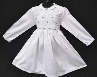 Robe smocks manches longues en coton piqué blanc 6 mois à 8 ans