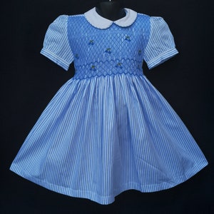 Balloon-sleeved smocked dress in sky blue striped cotton, 1 year to 12 years image 1