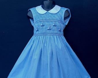 Ärmelloses, gesmoktes Kleid aus himmelblauer Baumwolle mit Gingham-Karomuster, 1 Jahr bis 12 Jahre