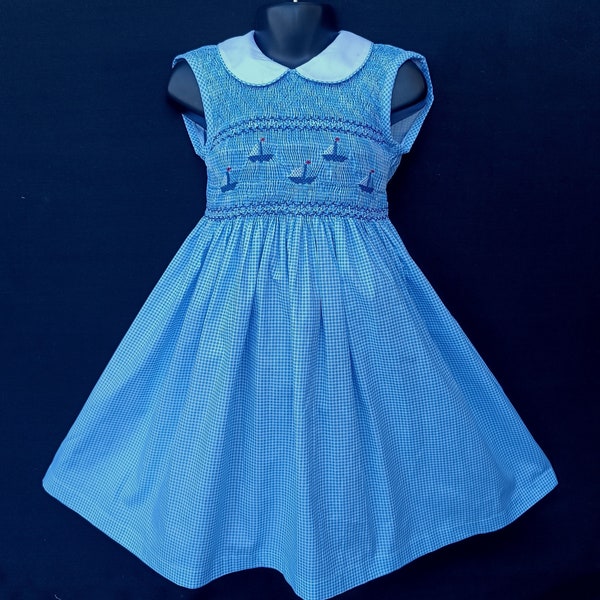 Robe smocks sans manches en coton vichy bleu ciel 1 an à 12 ans