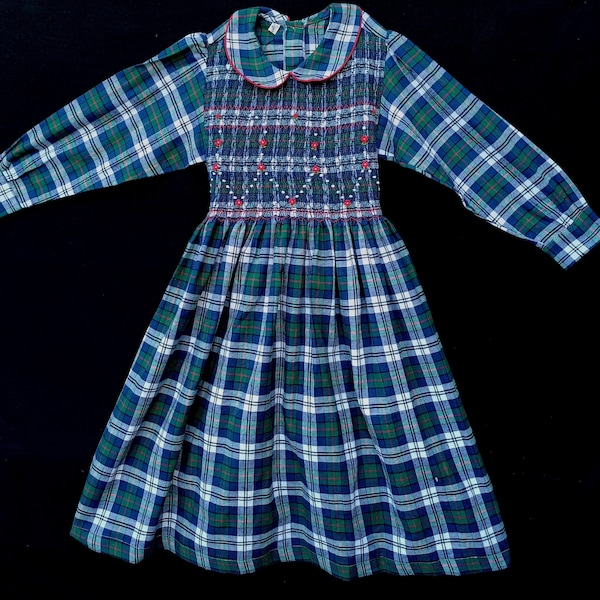 Robe smocks manches longues vert et bleu carreaux écossais 1 an à 12 ans