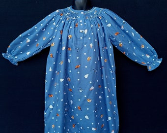 Chemise de nuit smocks en coton bleu imprimé 3 ans à 12 ans