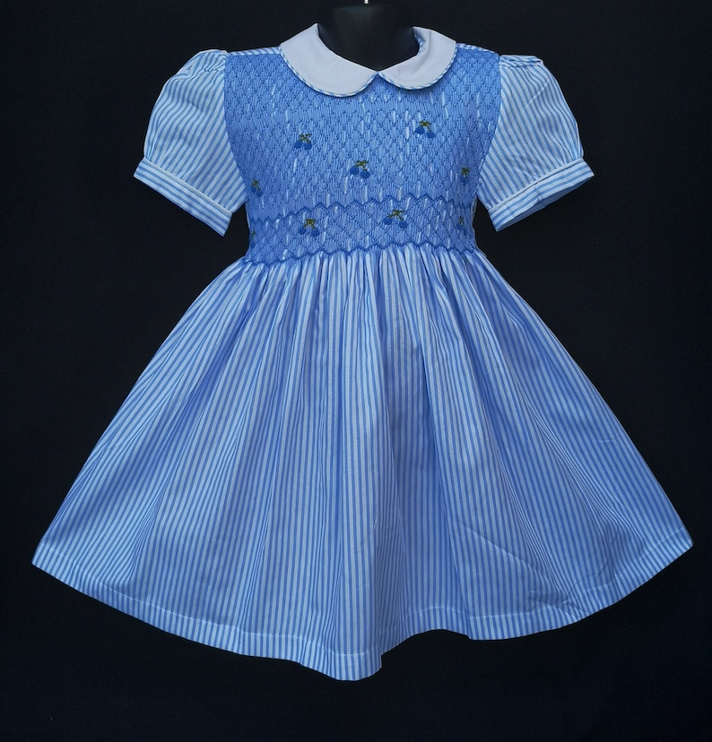 Balloon-sleeved smocked dress in sky blue striped cotton, 1 year to 12 years image 1