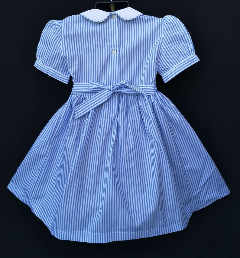 Balloon-sleeved smocked dress in sky blue striped cotton, 1 year to 12 years image 3
