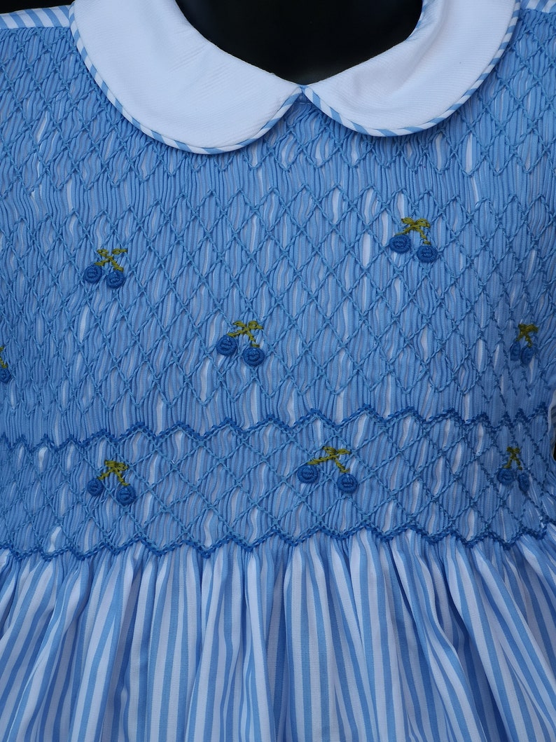 Balloon-sleeved smocked dress in sky blue striped cotton, 1 year to 12 years image 2