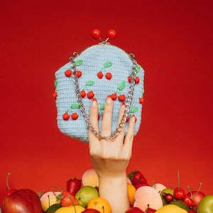 Crochet Hand Bag | Cherry Purse Shoulder Cluthc | Handmade Cotton Handbag | Dudon Crochet Shoulder Bag, Unique Fruit Purse Woman Accessory