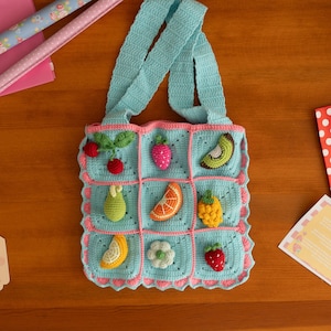Fruit Crochet Shoulder Bag | Handmade Crochet Tote Top Bag | Granny Square Gift for her| Cotton Crochet Hand Bag | Unique Summer Market Bag