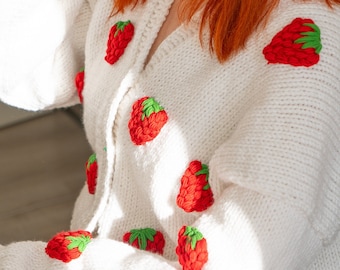 Strawberry Cardigan Sweater | Red Handmade knit Jacket | Sustainable Winter Cotton Sweater, Oversize Unique White Chunky Cozy Clothing