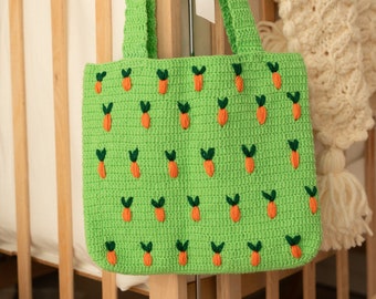 Carrot Crochet Shoulder Bag | Green Handmade Crochet Top Bag | Personalized Gift for her | Cotton Tote Hand Bag | Unique Fruit Summer Purse