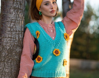 Sunflower Knit Sweater Vest, Oversized Blue Handmade and Unique Crochet Cardigan, Sustainable Recyclable Organic Vest, Cozy Chunky Clothing