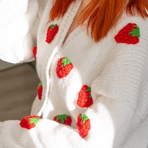 Strawberry Cardigan Sweater | Red Handmade knit Jacket | Sustainable Winter Cotton Sweater, Oversize Unique White Chunky Cozy Clothing