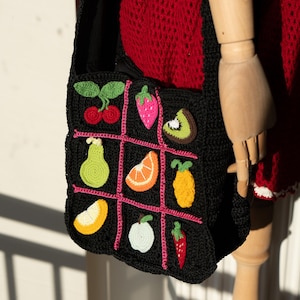 Fruit Crochet Shoulder Bag | Handmade Crochet Tote Top Bag | Granny Square Gift for her| Cotton Crochet Hand Bag | Unique Summer Market Bag