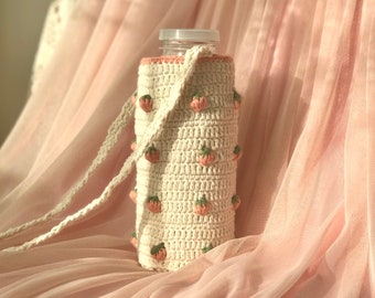 Peach Crochet Water Bottle Holder, White Thermos Carrier Shoulder Bag, Unique Personalized Gift for Her, Beige Mug Chapstick Cozy