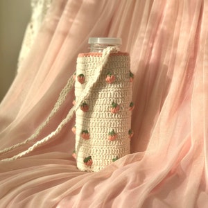 Peach Crochet Water Bottle Holder, White Thermos Carrier Shoulder Bag, Unique Personalized Gift for Her, Beige Mug Chapstick Cozy