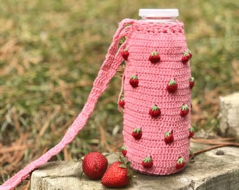 Strawberry Crochet Water Bottle Holder, Thermos Carrier Shoulder Bag, Unique Personalized Gift for Her, Fruit Mug Chapstick Cozy