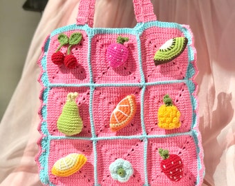 Fruit Crochet Shoulder Bag | Handmade Crochet Tote Top Bag | Granny Square Gift for her| Cotton Crochet Hand Bag | Unique Summer Market Bag