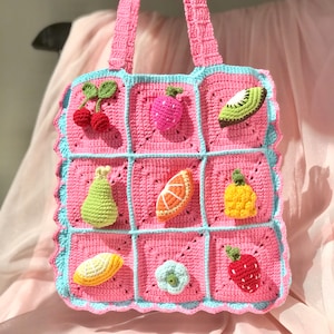 Fruit Crochet Shoulder Bag | Handmade Crochet Tote Top Bag | Granny Square Gift for her| Cotton Crochet Hand Bag | Unique Summer Market Bag