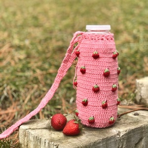 Strawberry Crochet Water Bottle Holder, Thermos Carrier Shoulder Bag, Unique Personalized Gift for Her, Fruit Mug Chapstick Cozy