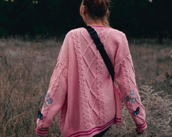 Star Cardigan Sweater | Pink Lover Folklore Handmade knit Jacket | Woman Sweater Oversize Unique Chunky Cozy Clothing Perfect Gift for Her