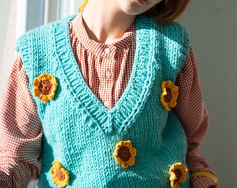 Sunflower Knit Sweater Vest, Oversized Blue Handmade and Unique Crochet Cardigan, Sustainable Recyclable Organic Vest, Cozy Chunky Clothing - Etsy Sunflower Knit Sweater Vest, Oversized Blue Handmade and Unique Crochet Cardigan, Sustainable Recyclable Organic Vest, Cozy Chunky Clothing - Etsy