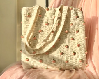 Peach Crochet Shoulder Bag: Handmade Cotton Tote, Fruit Purse