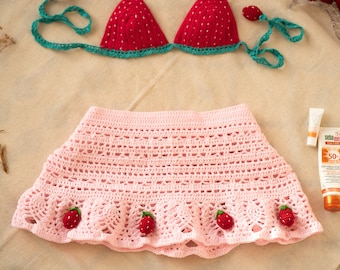 Strawberry Crochet Skirt: Handmade Organic Cotton Beach Cover-Up