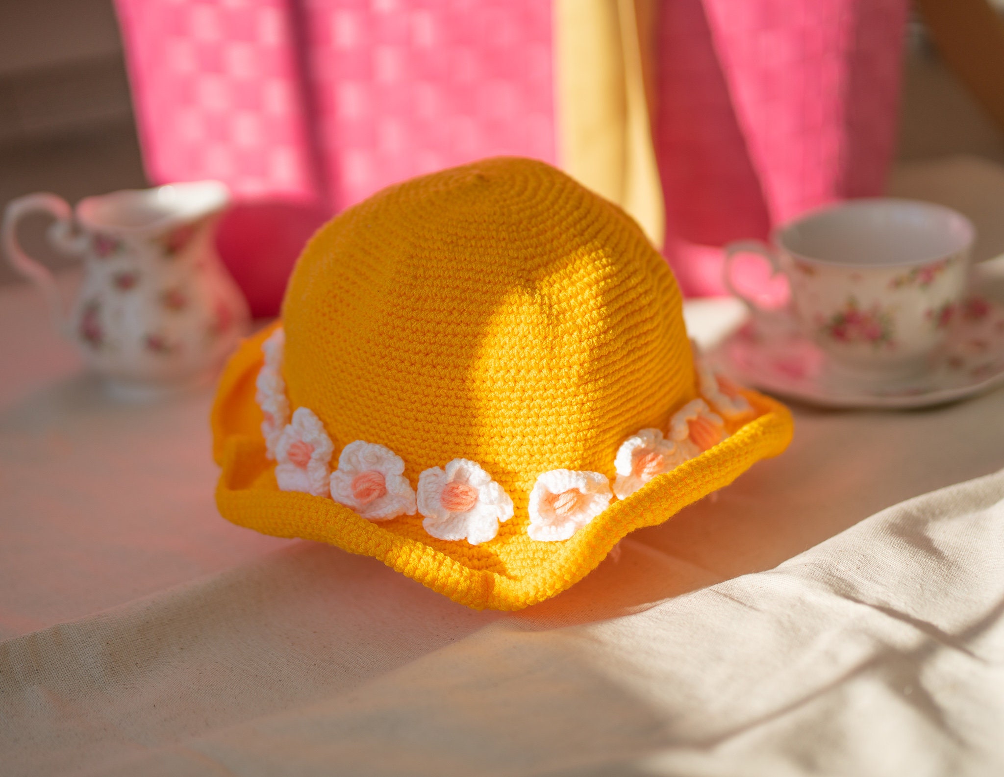 Crochet Flower Bucket Hat - Orange with Yellow & Black Flowers Yellow Daisy Crochet Bucket Hat: Handmade Summer Floral Cap  main image 3