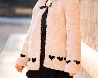 Creamy Fur Jacket Knit Cardigan Sweater | Beige Fluffy Soft