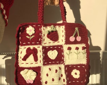 Handmade Crochet Granny Square Tote Bag: Romantic Red Cotton Shoulder Bag