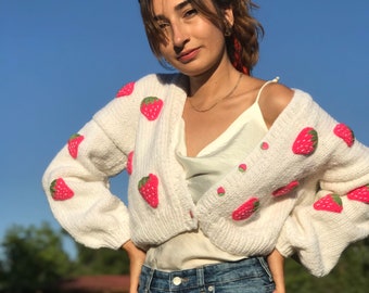 Strawberry Cardigan Sweater | Handmade knit Jacket | Sustainable Winter Cotton Sweater, Oversize Unique White Chunky Cozy Clothing